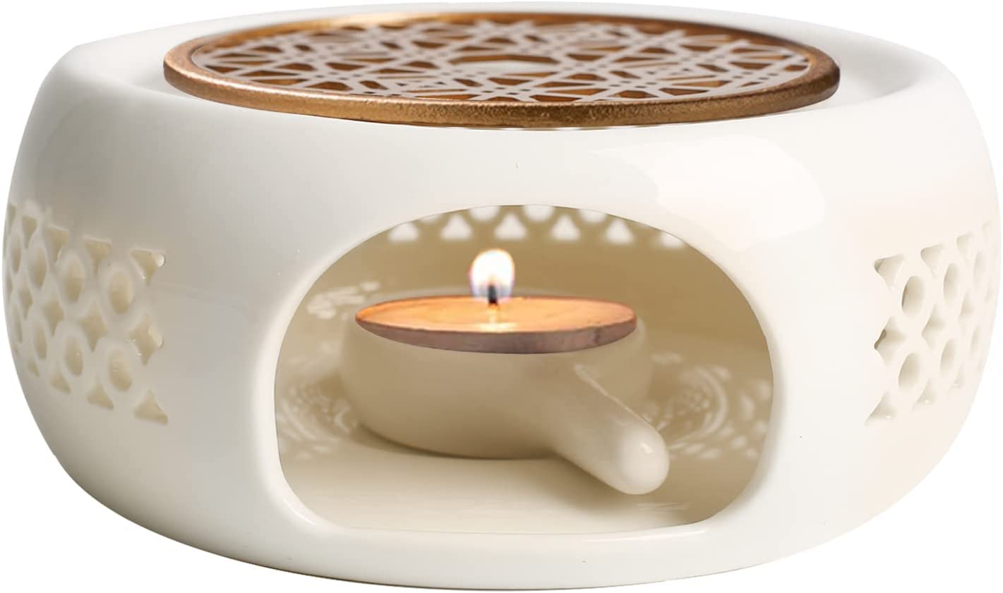 GDWD Teapot Warmer for Teapot, Teapot Porcelain, Porcelain Tea Cosy, Hollow Carved Design, Classic Porcelain Teapot Warmer with Cork Warmer Teapot Base and Candle Holder (Hollow)