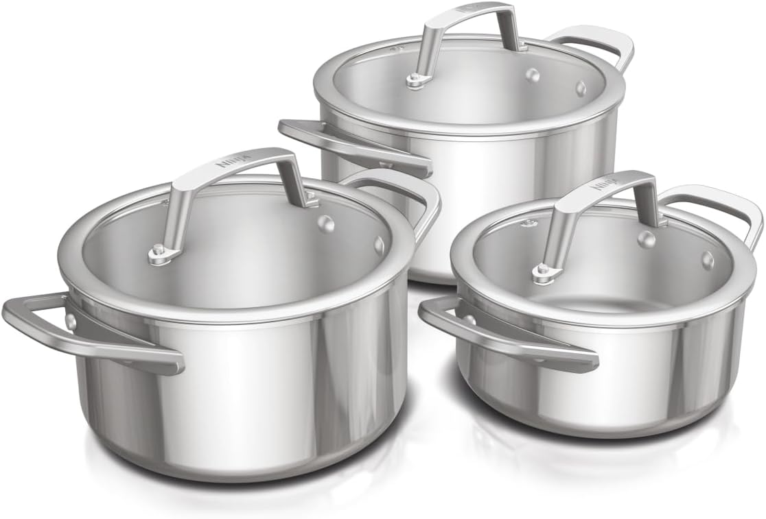 Ninja EverClad C93003EUI 3-Piece Stainless Steel Saucepan Set, Suitable for All Hobs, Including Induction, Oven Safe up to 315°C, Base 100% Induction