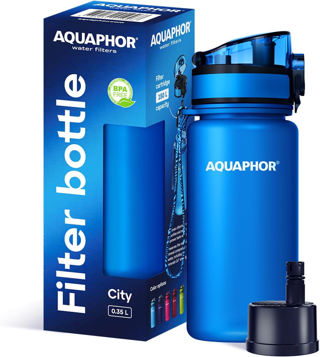 AQUAPHOR City Small Water Bottle with Water Filter 350 ml Blue Compact, Lightweight & BPA-Free Suitable for Children and on the Go Filter Bottle with Activated Carbon Filter Perfect for Starting