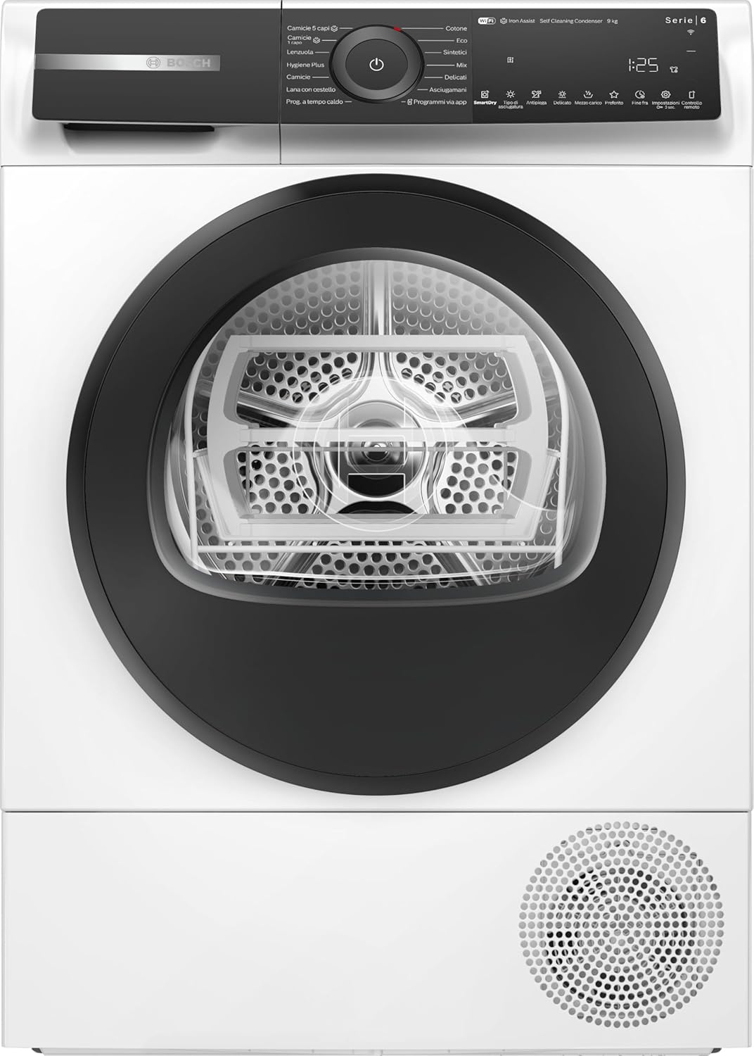 Bosch WQH245A0IT Series 6 Smart Tumble Dryer with Heat Pump, 9 kg, Energy Class C, Self-Cleaning Condenser, Reduces Wrinkles, Wool Laundry Basket, White, 60 cm