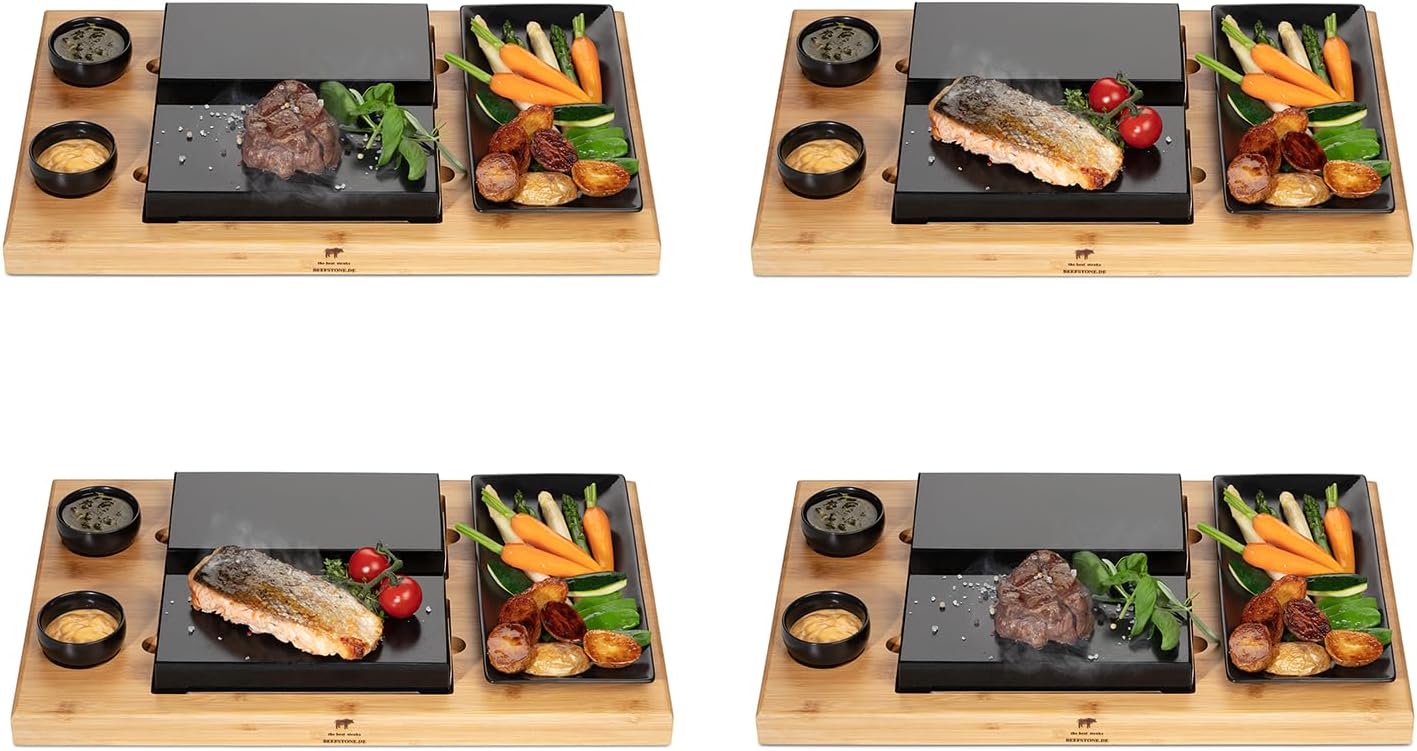 Hot Stone Lava Stone Steak Board Set of 4 DUE - Hot Stone Stone Grill Set with Bamboo Board, Lava Stone and Porcelain Plate, Grill Meat and Fish Directly on the Hot Stone