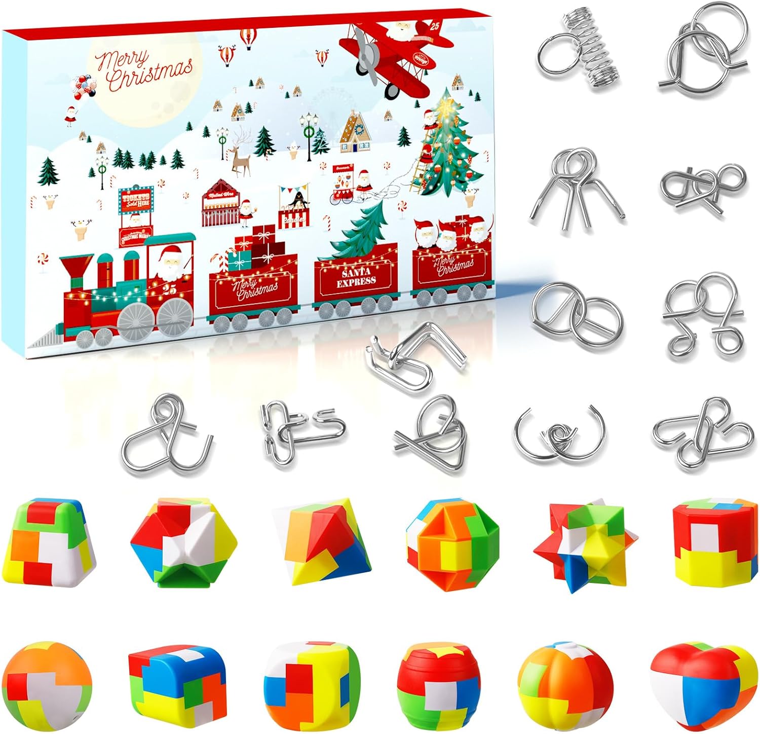 Advent Calendar 2024 Puzzle Games for Children & Adults 24 Days of Christmas Calendar Gifts with Metal Puzzle and 3D Wood, Skill Games, IQ Puzzle for Boys Girls Teenagers