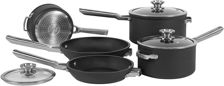Ninja ZEROSTICK Stackable Cookware, 5 Piece Pan Set, Non-Stick, 3 Pots with Oven Safe Glass Lids & 2 Frying Pans, Durable Hard Anodized Aluminum, Grey, C55000UK