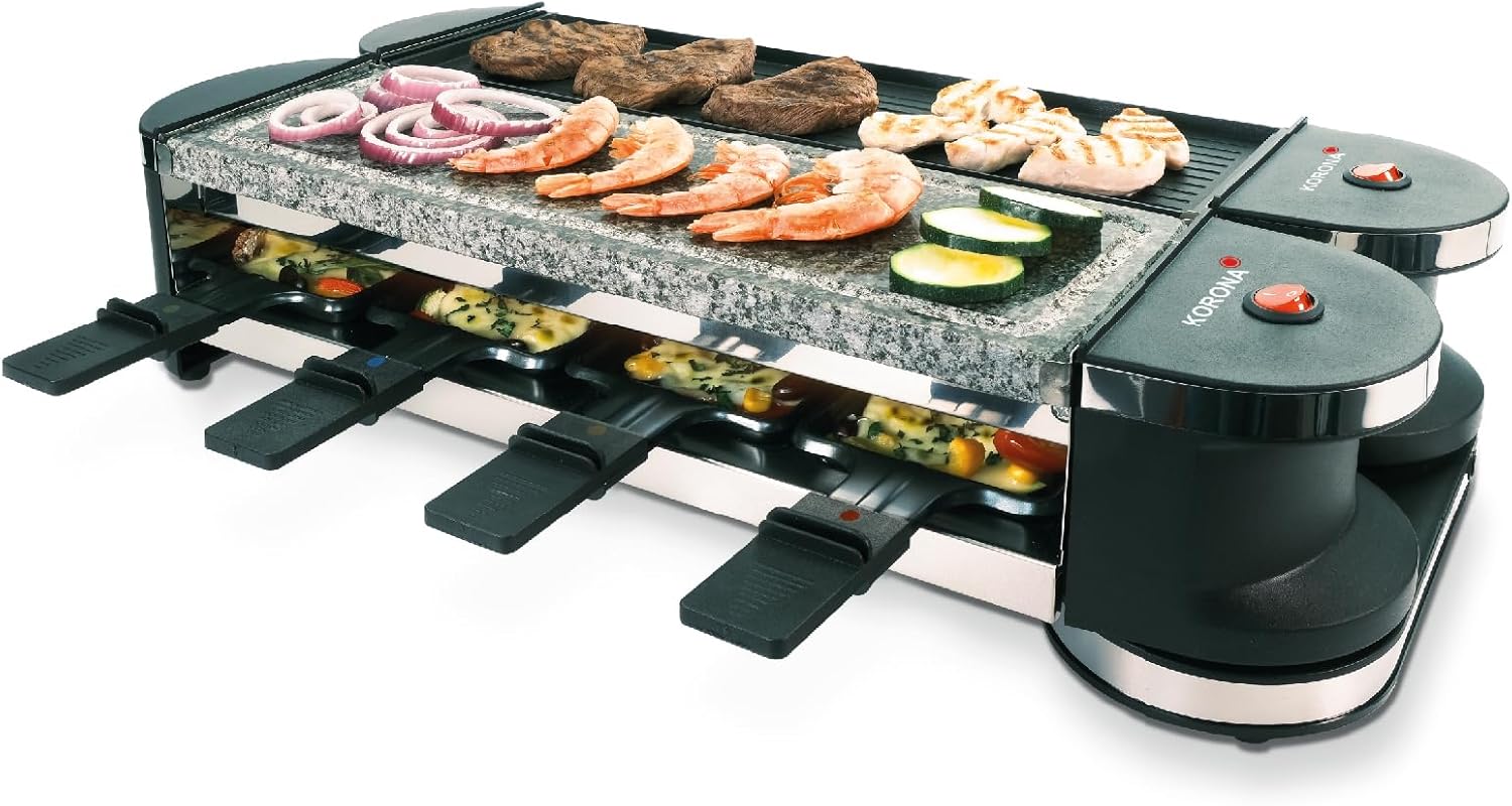 Korona 45071 Rotating Raclette | Raclette for 8 People | Non-Stick Grill Plate | Natural Stone | Extra Long Cable | Includes Accessories