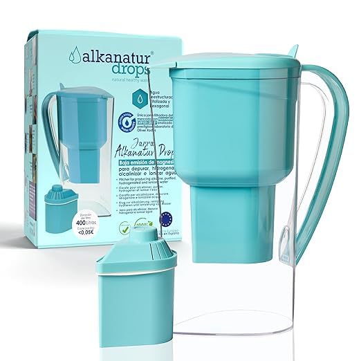 Alkanatur Store Water Filter Jug with Low Emissions Capacity 1.4 L Single Jug with UNE 149101:2015 - Cleans + Ionises Removes Metals and Bacteria - Limescale Filter Jugs Drinking Water Filter Jug - ALKANATUR