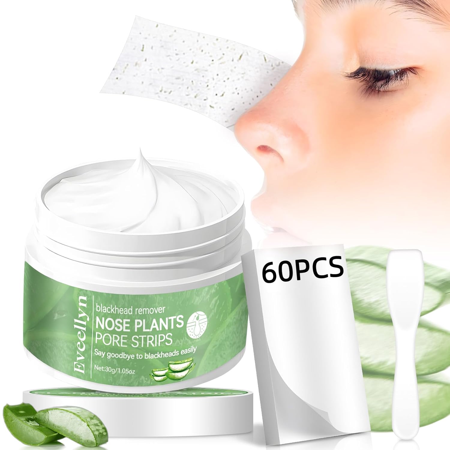 Eveellyn Blackhead Removal (30g), 60 Pieces Pore Strips, Blackhead Remover for Face, Cream Dries from Glued Below 25 Degrees, Place Bottle in Boiling Water to Soften