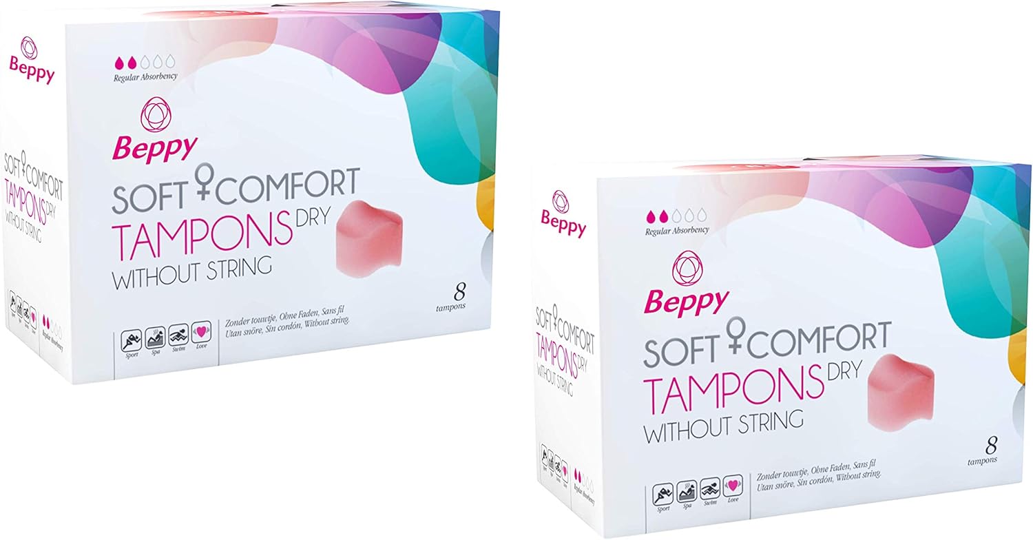 Beppy Dry Comfort Tampons Double Pack of 2 x 8 Pieces – Without Threads, Dry, Sponge Tampon, Freedom During the Period (Sauna, Swimming, Sports, Love)