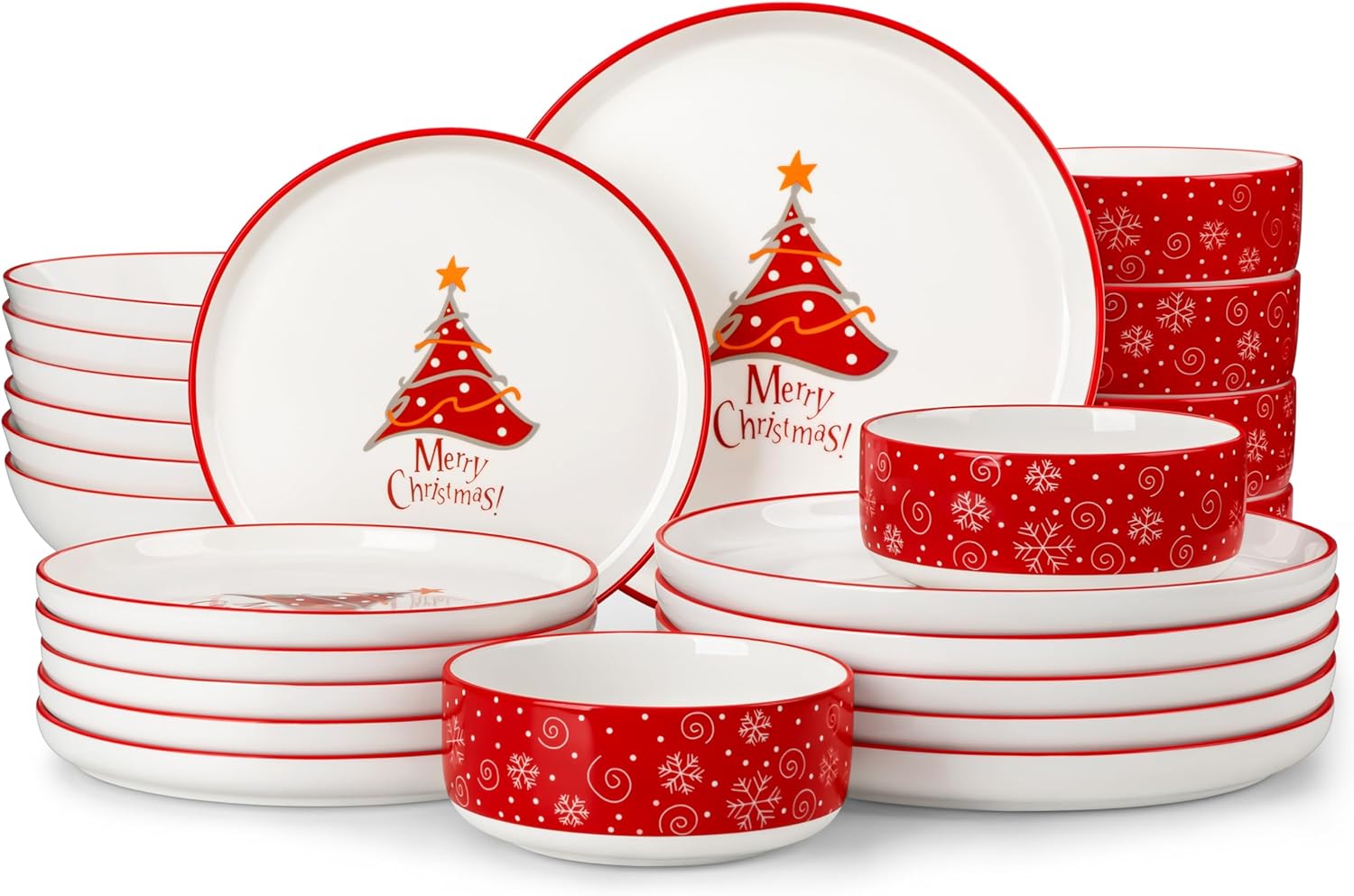 MALACASA Luna Christmas Tableware for 6 People, 24-Piece Dinner Service Made of White Porcelain, Modern Crockery Set