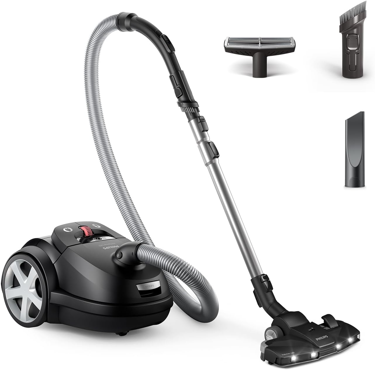 Philips Performer LED 8000 Series XD8122/10 Bag Vacuum Cleaner, 900 W Motor, TriActive+LED Nozzle, HEPA, 12 m, Durable Bags, Deep Black