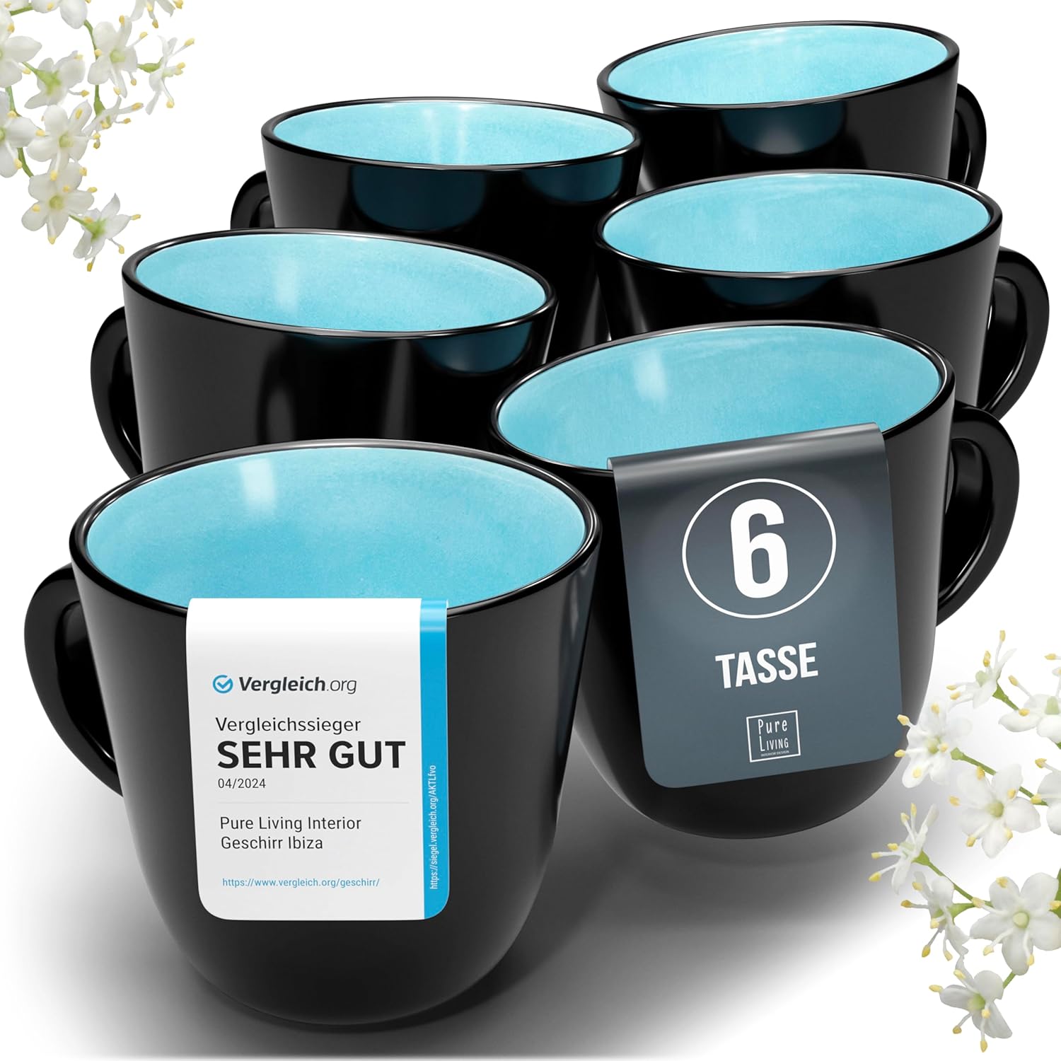 Pure Living Ibiza Stoneware Coffee Cups for 6 People, Mediterranean Cup Set, ‘Very Good’ in Test, Dishwasher and Microwave-Safe, Scratch-Resistant, Stylish Set of Tea and Coffee Cups, Aquamarine