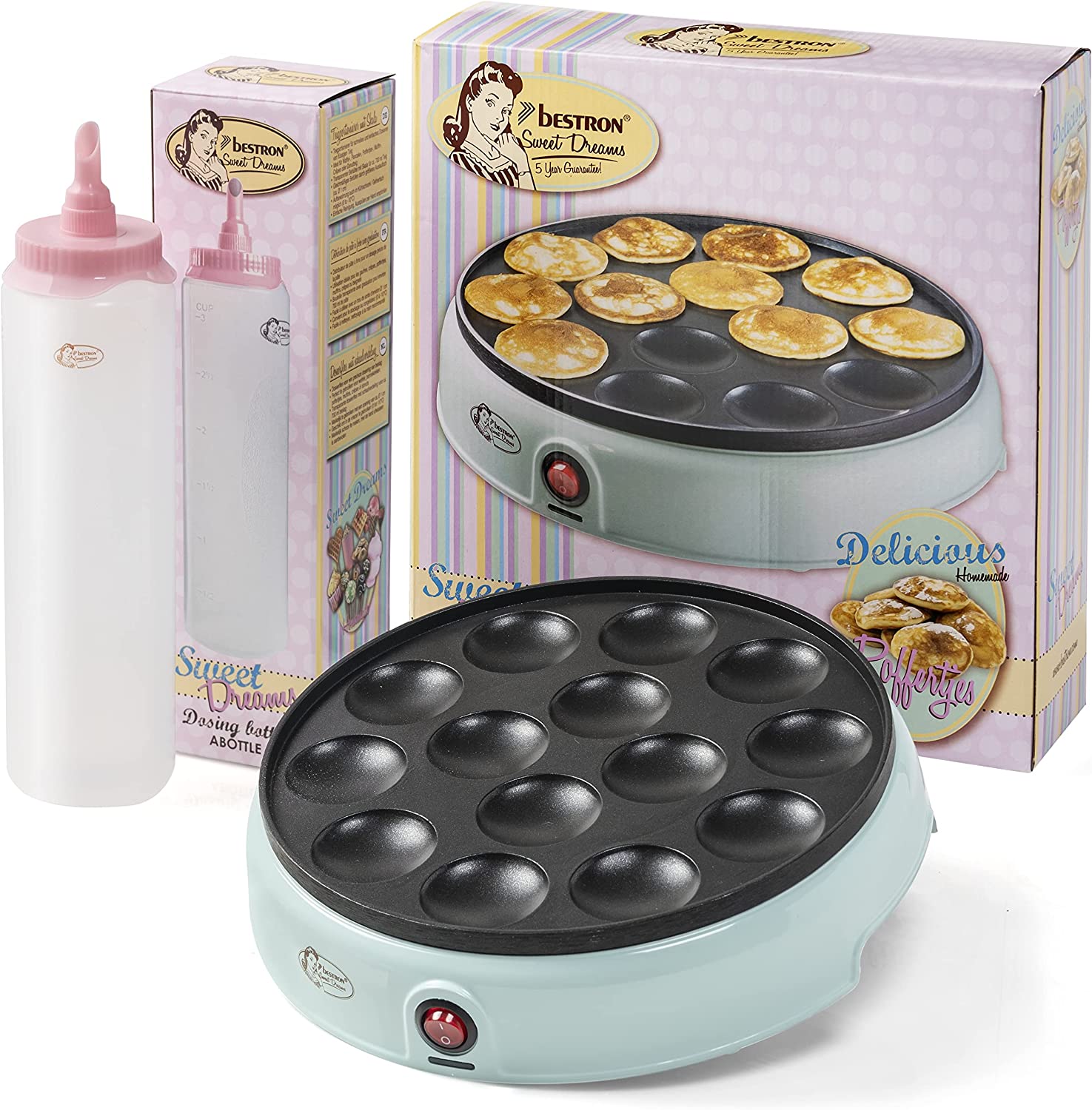 Bestron Poffertjesmaker Value Pack with Dough Bottle for 700 ml, Ideal for festive, Easter or Children\'s Birthdays, Retro Design, 800 Watt, Mint / Pink