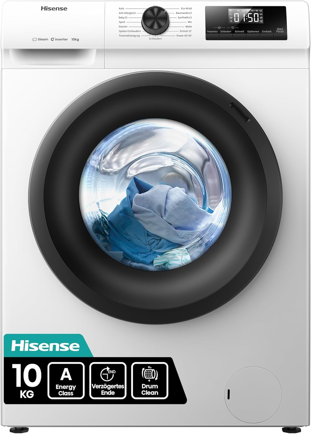 Hisense WF1Q1041BW Washing Machine with Steam Function, 10 kg, 1400 rpm, 15 Programmes, Anti-Allergy Program, Baby Wash, AutoWash, QuickWash 15 Min, Down, Eco 40-60 °C, Power 49 Inch, Energy