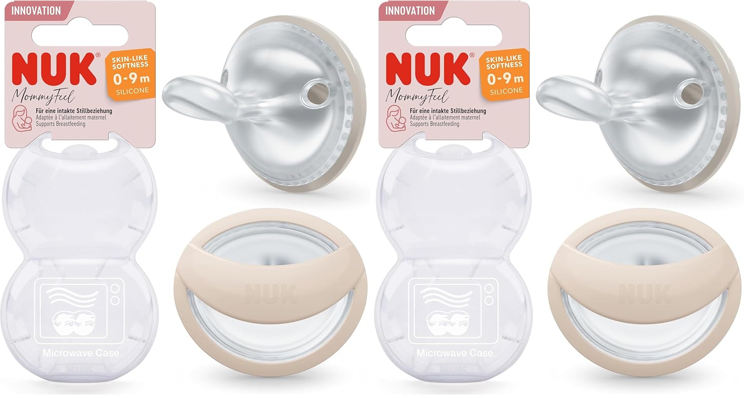 NUK MommyFeel Baby Dummy, 0-9 Months, Breastfeeding-Friendly Teats, BPA-Free Silicone, Greige & Sandstone, Pack of 2