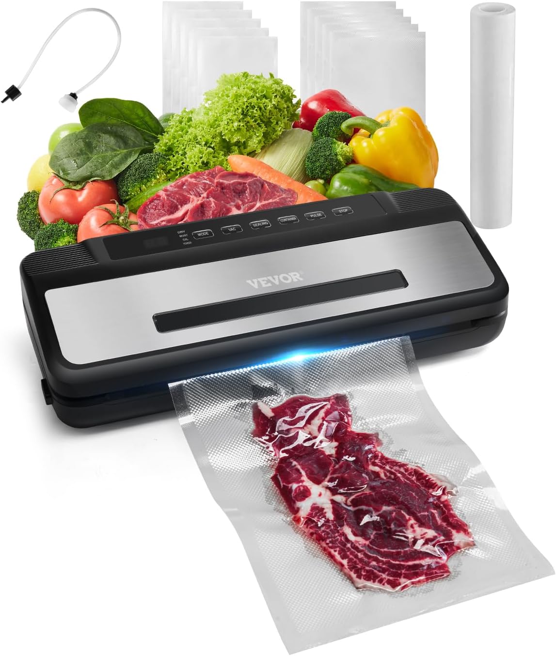VEVOR Vacuum Sealer 80Kpa 120W Food Vacuum Sealer 7 in 1 Foil Sealer Automatic Air Sealing System with Built-in Cutter with 10 Vacuum Bags and 1 Bag Roll