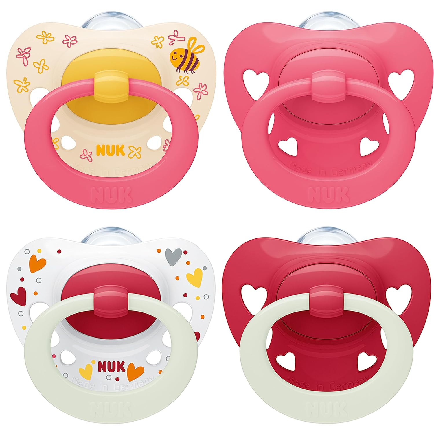 NUK Signature Day & Night Baby Pacifiers | 6-18 Months | Soothes 95% of Babies | BPA Free Silicone Heart-Shaped Pacifier | Glow in the Dark | Hearts | Pack of 4
