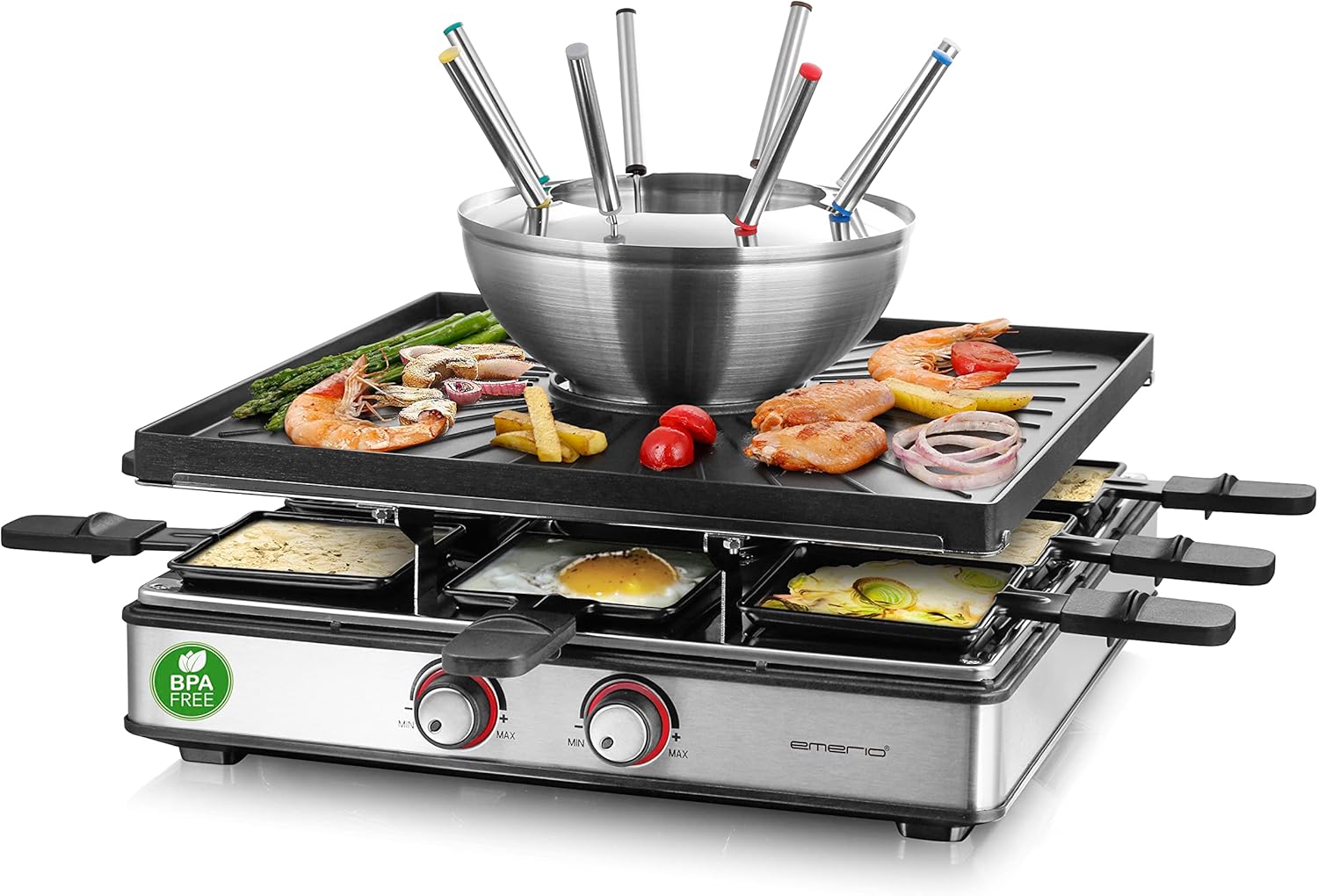 EMERIO RG-128187 3-in-1 Raclette Station for up to 8 People, Grill Fondue, Electric, Temperature Regulation, Cooking Surface 38 x 37 cm, Lighting, 2200 Watt, Space-Saving, Stainless Steel, BPA-Free,