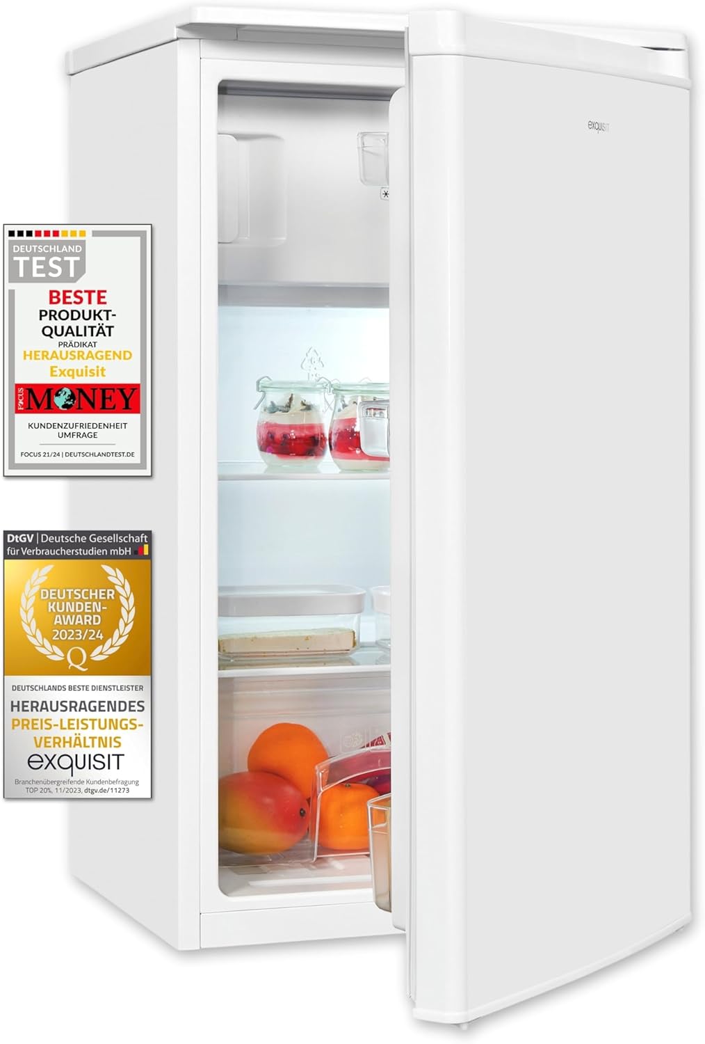 Exquisit Fridge KS117-3-041E White | 81 L Volume | Fridge with Freezer Freestanding | LED | Vegetable Compartment | Freestanding Fridge with Freezer Compartment