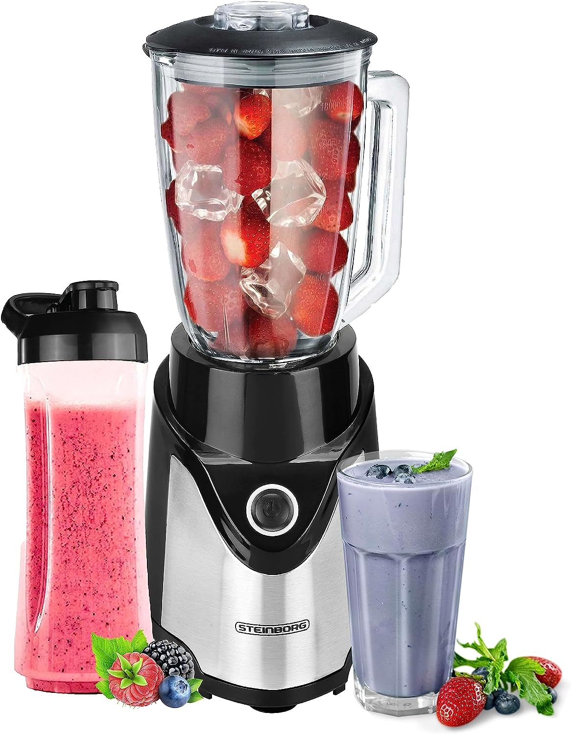 Steinborg Stand Mixer | 6-Way Metal Knife | 570 ml | 600 ml To-Go Cup | Pulse Function | 500 Watt | Glass Stainless Steel | Universal Power Mixer | Ice Crusher | Protein Shaker | Chopper | Smoothie Maker