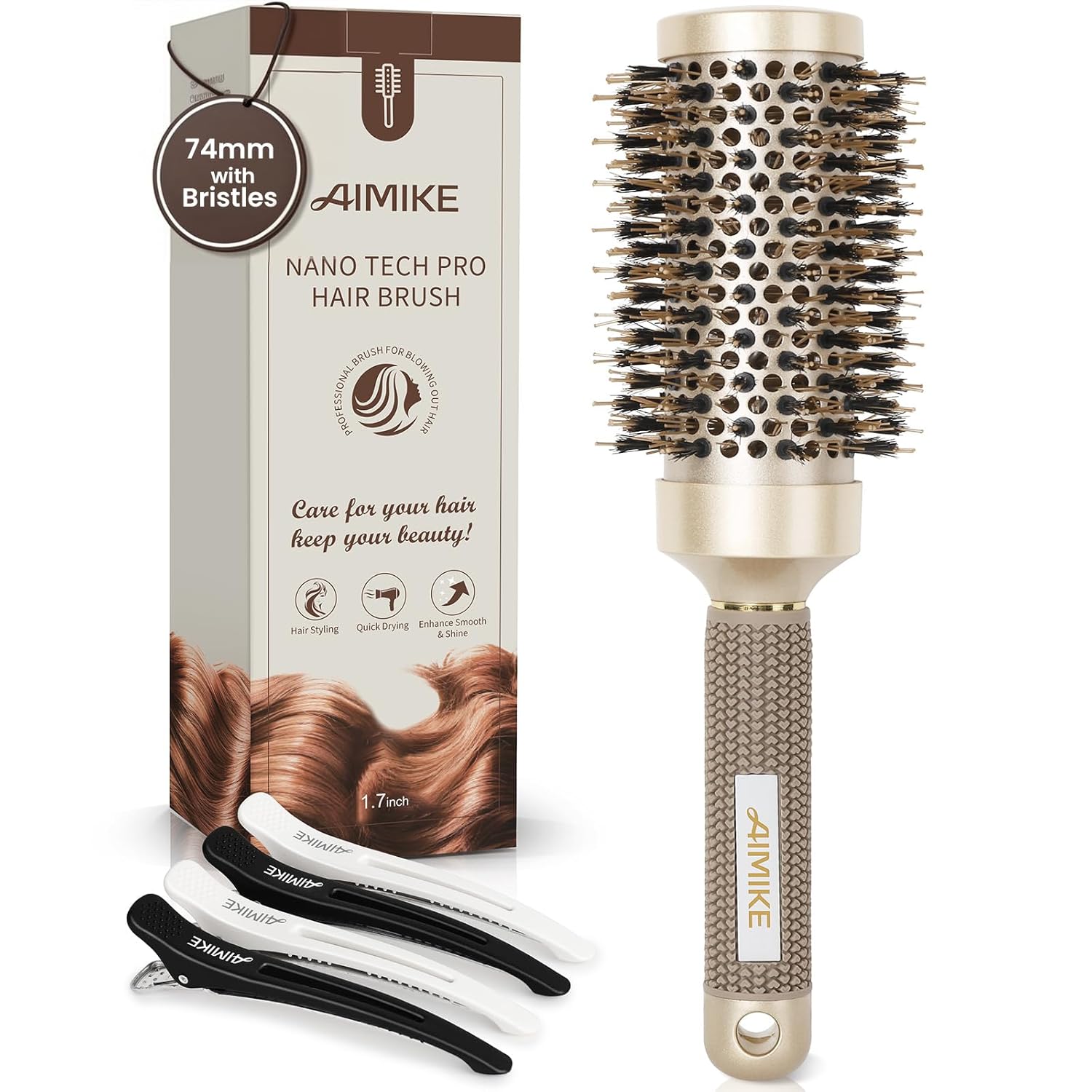 AIMIKE Store AIMIKE Round Brush for Blow Drying for Long and Medium Length Hair, Round Brush Large with Boar Bristles and Ionic Bristles, Hair Brush Round Improves Texture for Smoothness, Volume and Shine, 43 mm