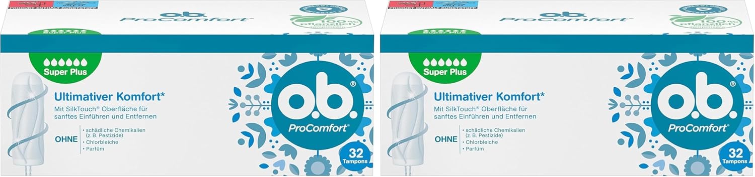 o.b. Store whether. ProComfort Super Plus (Pack of 32), Tampons for Very Strong Days, SilkTouch Surface & Dynamic Fit Technology for More Comfort and Reliable Protection During the Period (Pack of 2)