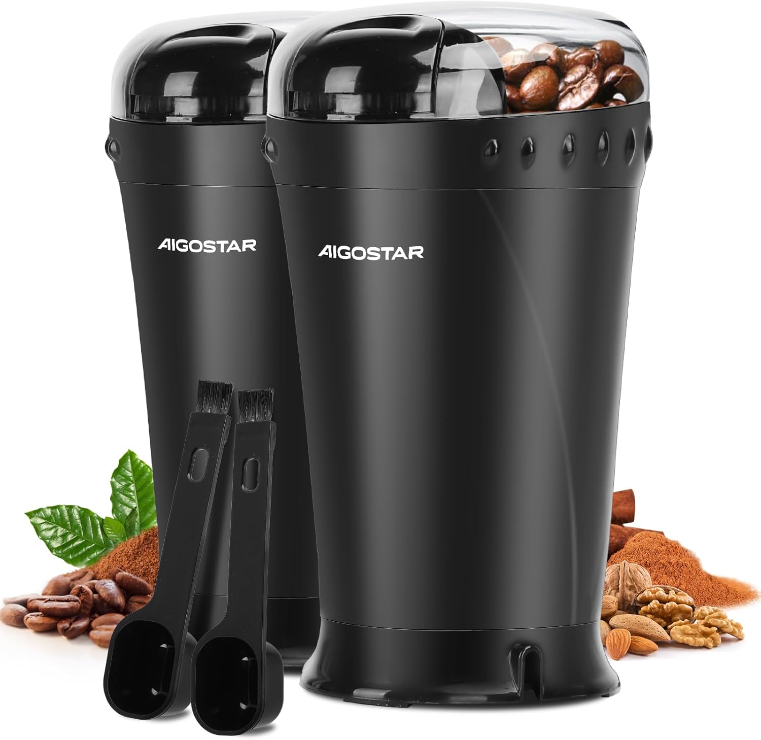 Aigostar Coffee Grinder Electric Spice Mill Coffee Mill for Coffee Beans, Cereals, Spices and Nuts, Stainless Steel Striking Knife, 60 g Bean Container, Electric Propeller Mills, 200 Watt, Pack of 2
