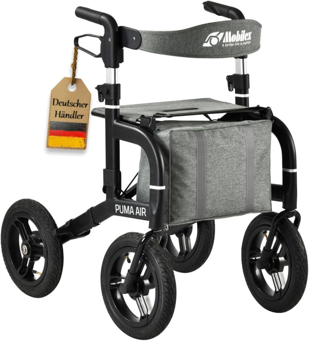 FabaCare Puma Air Outdoor Walker with Full Equipment Parking Brake, Lightweight Rollator with Pneumatic Tires, Foldable, Removable Bag, Back Strap, Stick Holder, Drink Holder, Matte Black