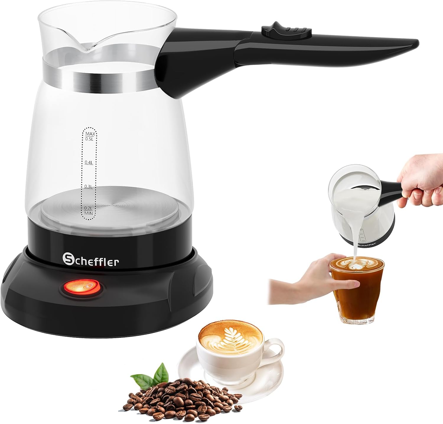 SCHEFFLER Turkish Coffee Machine Electric 500 ml Coffee Maker Mocha Coffee Pot, Espresso Maker Induction with Overheating Protection 304 Stainless Steel Glass Turkish Coffee Maker for Home, Office
