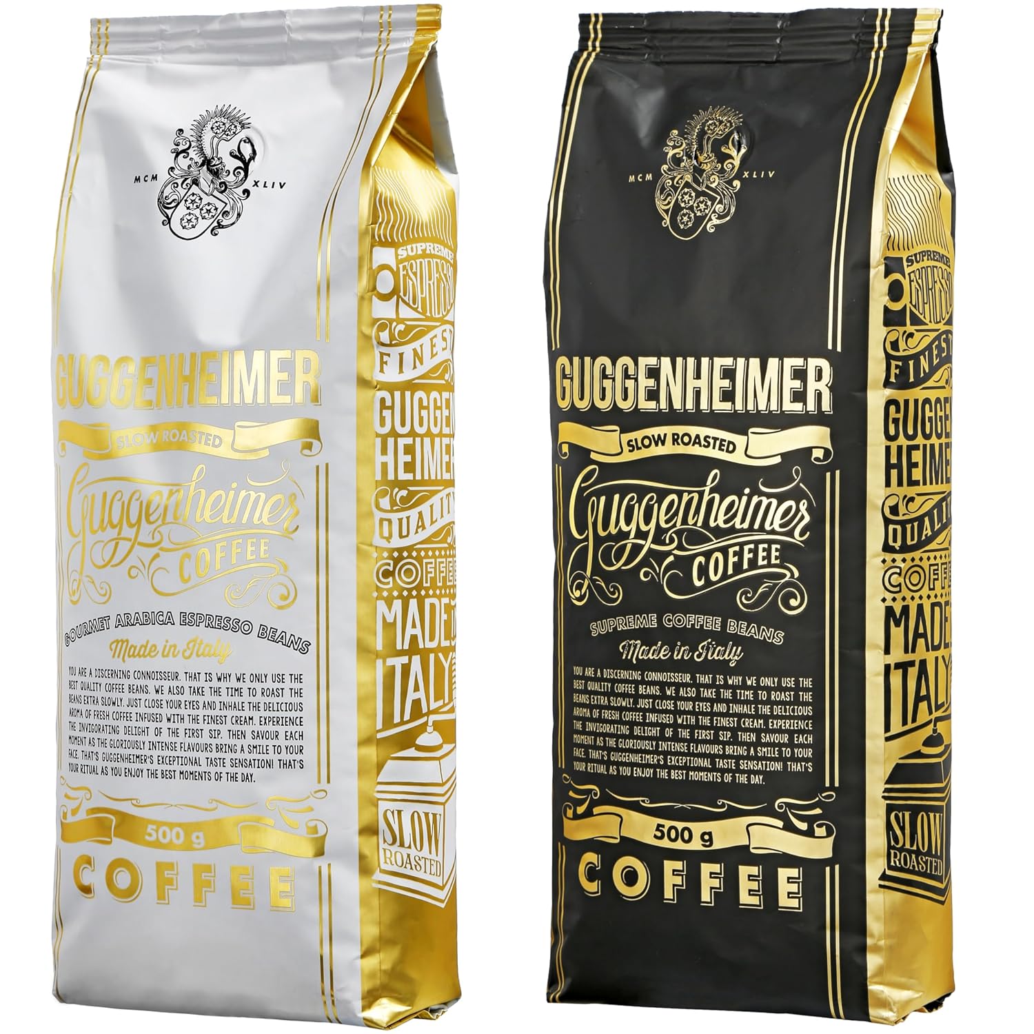 GUGGENHEIMER COFFEE Coffee Beans Sample Pack 1kg, Supreme 500g & Gourmet Arabica 500g, low acidity, finest crema, best espresso for fully automatic machines
