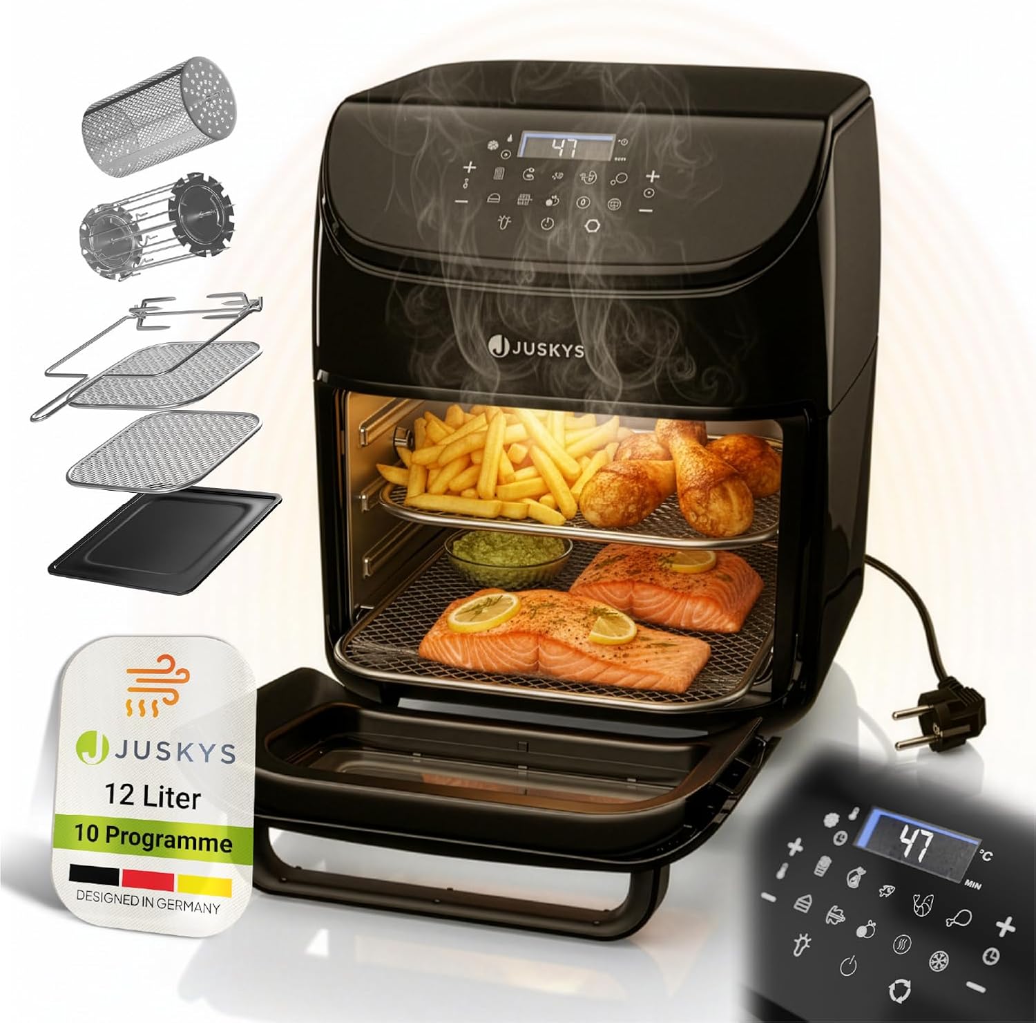 Juskys Hot Air Fryer 12L - Black, Airfryer with LCD Touch, 10 Programs, Temperature 25-200°C & with Accessories