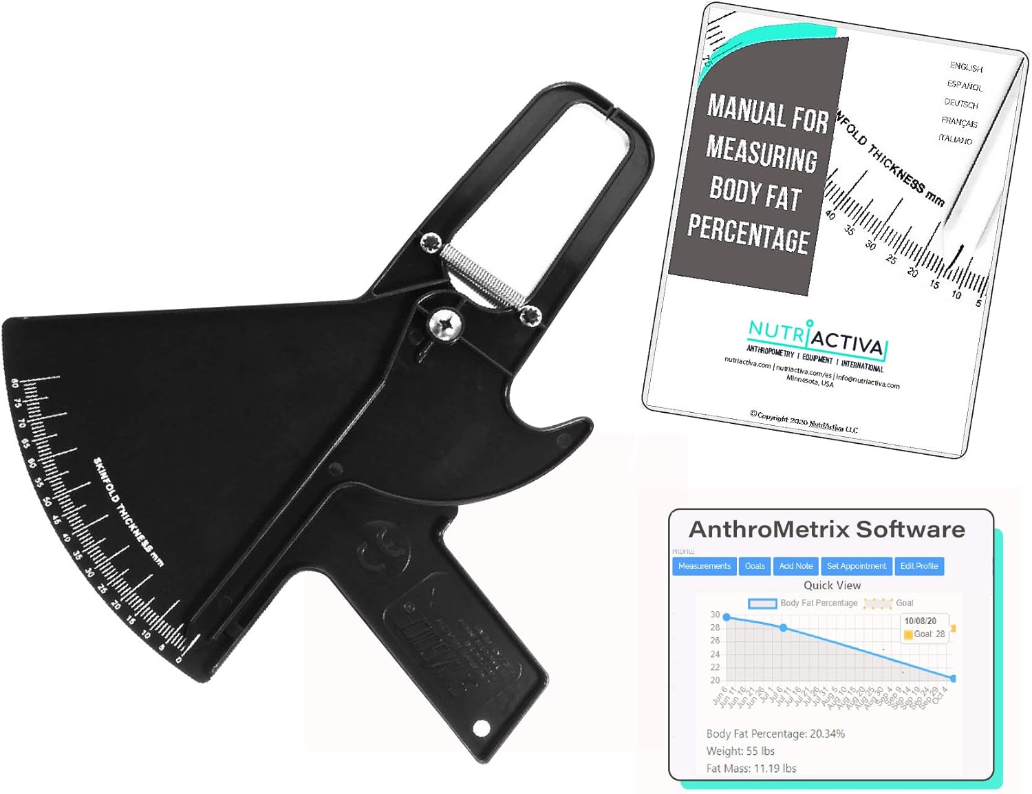 Slim Guide Store Skin Fold Vernier Caliper with Body Fat Software, Manual in German (Black)