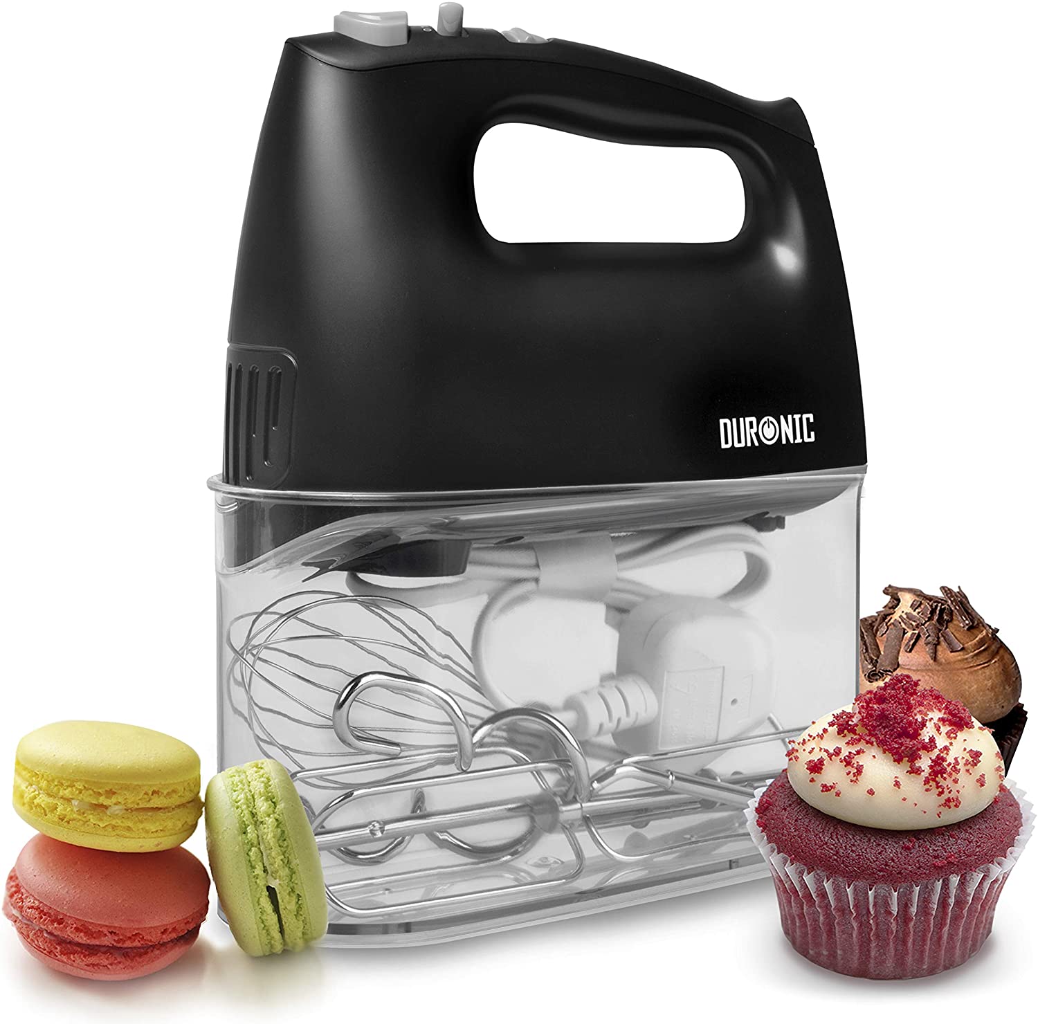 Duronic HM4 Hand Mixer/Mixer Hand Mixer with Turbo Function, Stainless Steel Whisk, Dough Hook and Whisk and Storage Box, 400 W