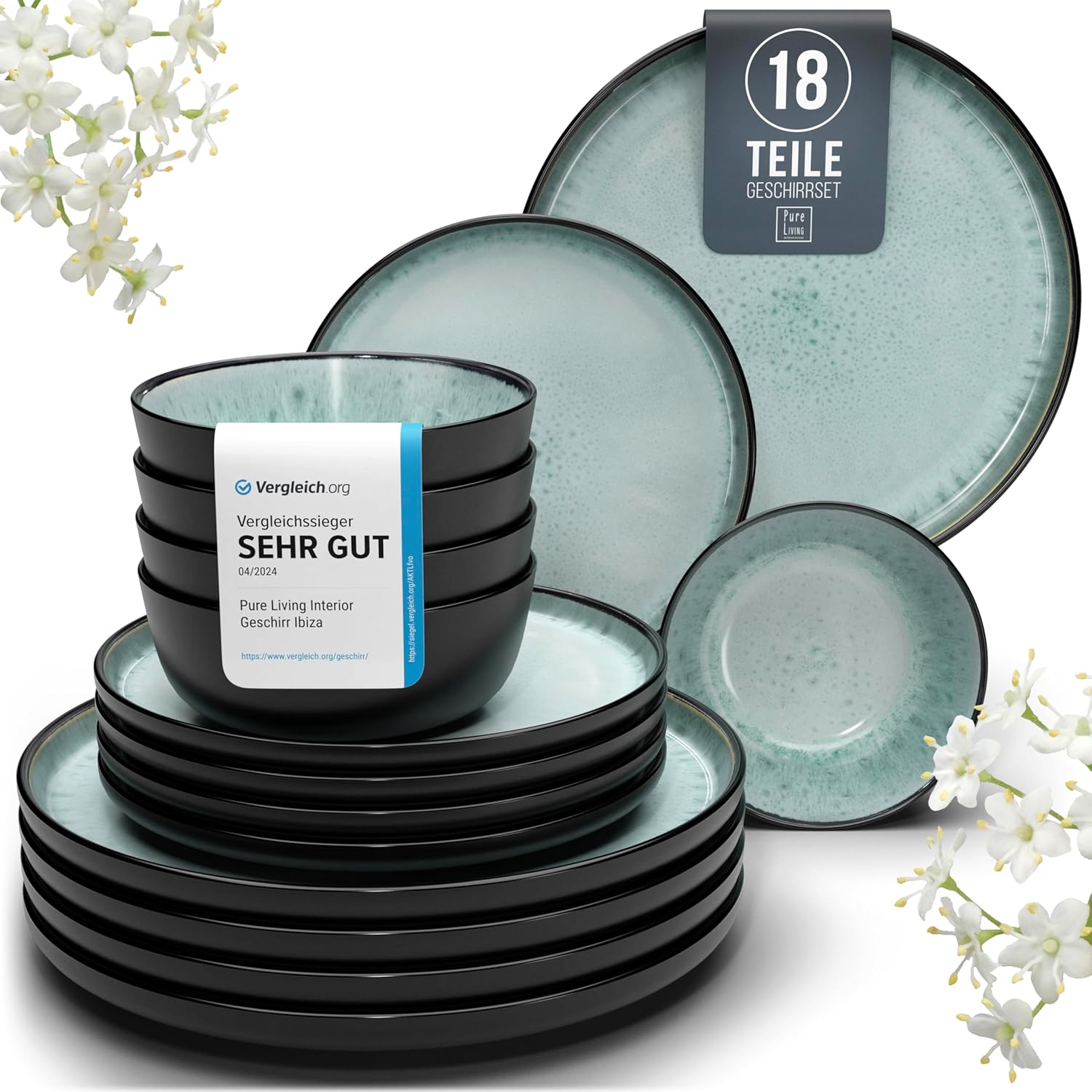 Pure Living Ibiza Stoneware Crockery Set for 6 People, 18-Piece Mediterranean Stoneware Tableware Set, ‘Very Good’ in Test, Bowl and Plate Set, Dinner Service for 6 People, Sage Green