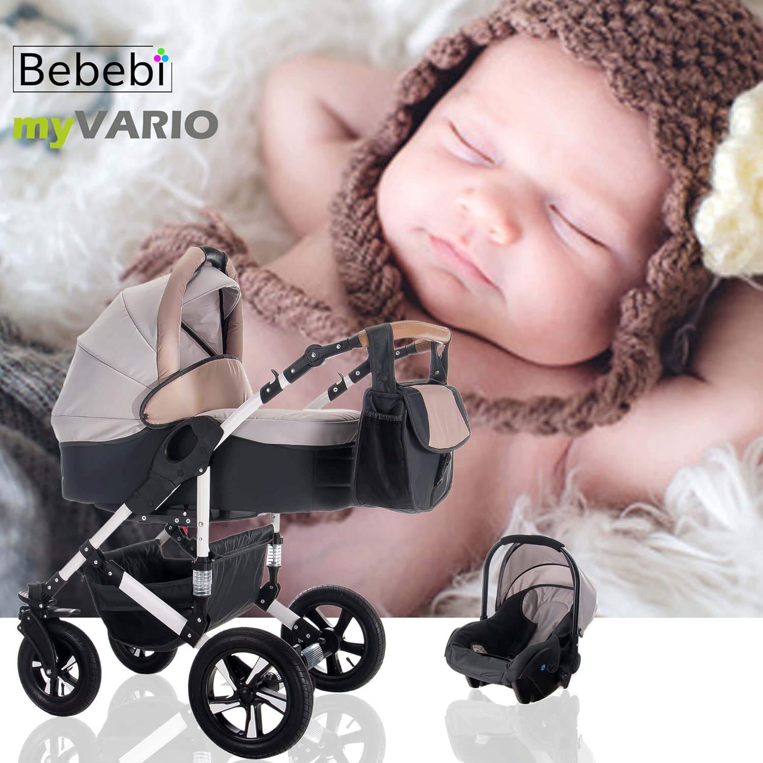 Bebebi myVARIO 3-in-1 combination pram set, hard rubber tyres, colour: myGold