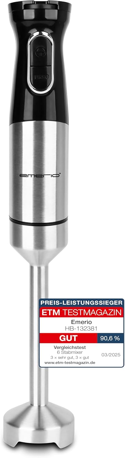 EMERIO Hand Blender with Powerful 1000 Watt | Purée Stick (Removable) and Knife Unit Made of Durable Stainless Steel | Adjustable Speed ​​| BPA Free | Turbo Button | Ergonomic | HB-132381