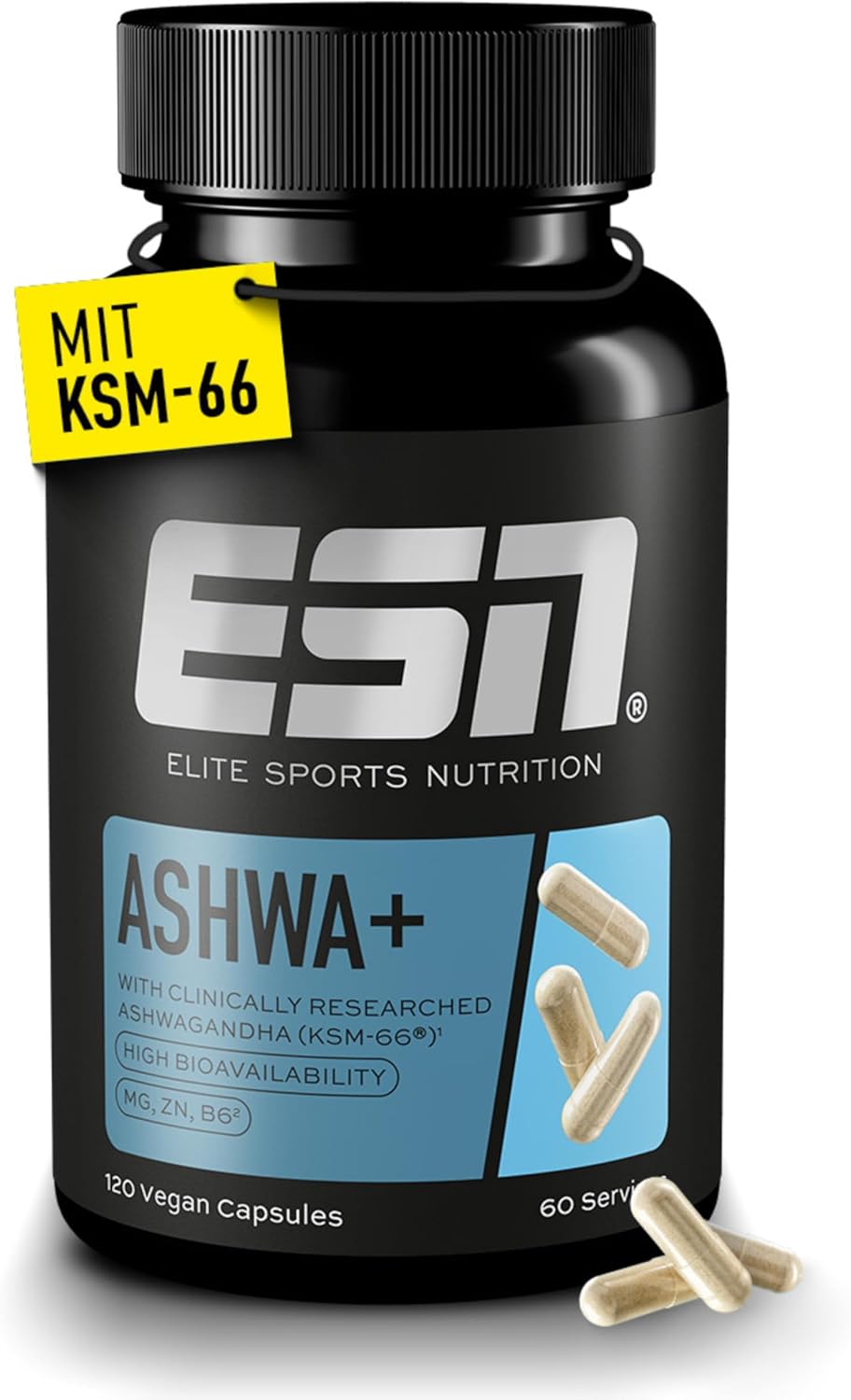 ESN Store ESN Ashwa+, Ashwagandha High Dose, Patented KSM 66, 120 Capsules, with Magnesium, Vitamin B6 and Zinc - Made in Germany