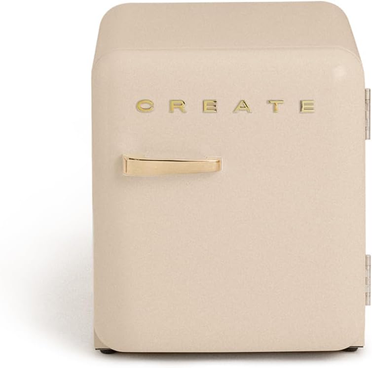 CREATE Retro Fridge 50 Gold Fridge in Sand, Gold Handle / 85 W, Mini Bar, One Shelf, Retro Design, 50 cm, Two Shelves, 48L Capacity, Energy Saving, 50 x 44 x 49.8 cm