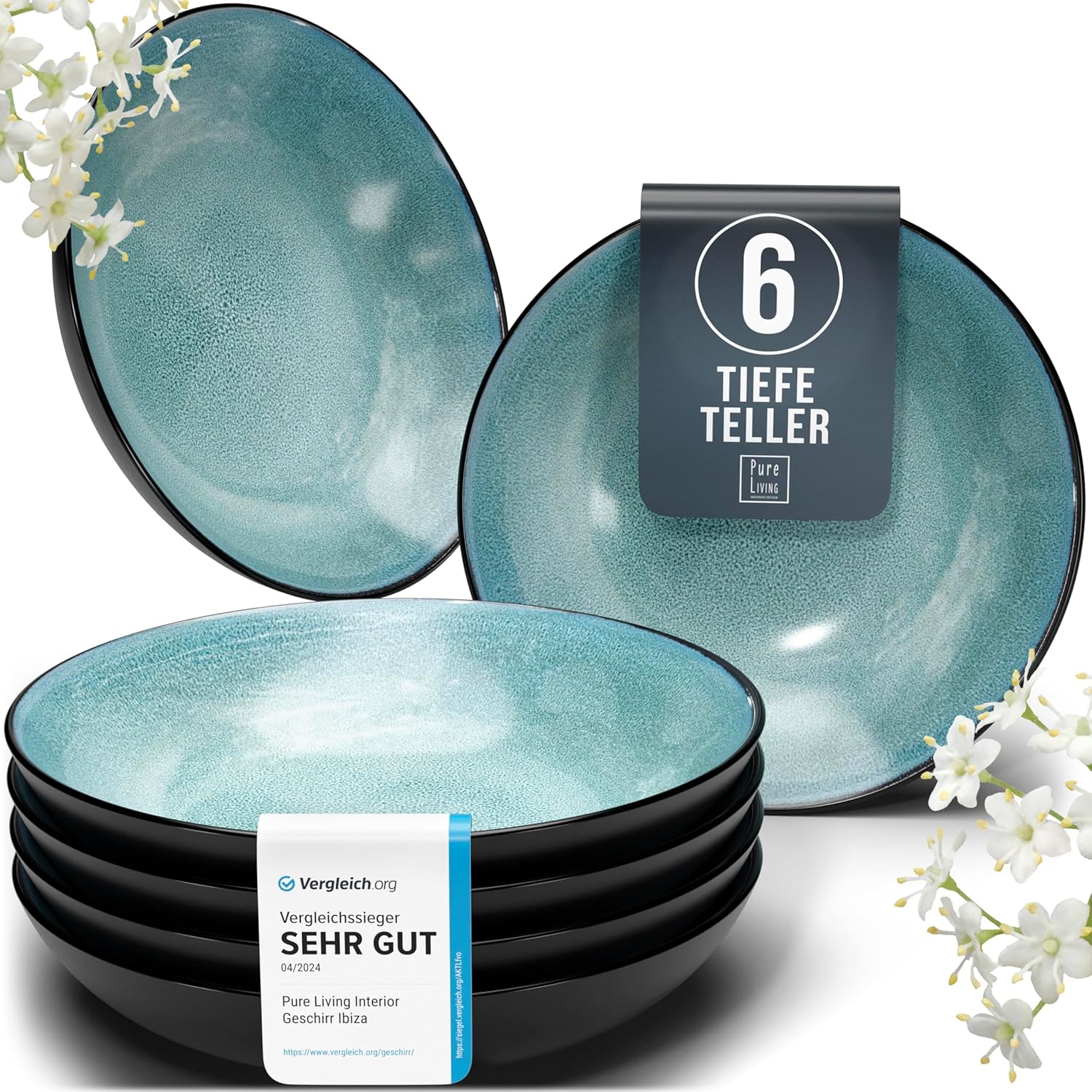 Pure Living Ibiza Stoneware Soup Plates for 6 People, Mediterranean ‘Very Good’ in Test, Stoneware, Deep Plate Set, Scratch-Resistant, Dishwasher and Microwave-Safe, Deep Large Pasta Plate, Petrol