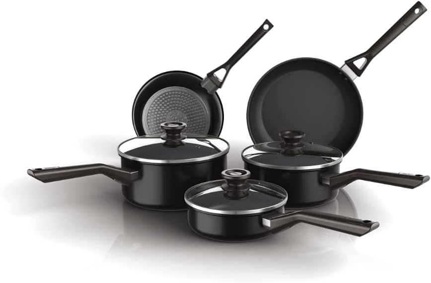 Ninja Zerostick Classic 5-Piece Pan Set [CW55000UK] Aluminium Cookware, Induction Compatible, Dishwasher Safe, Oven Safe up to 180 °C, Glass Lid, Black