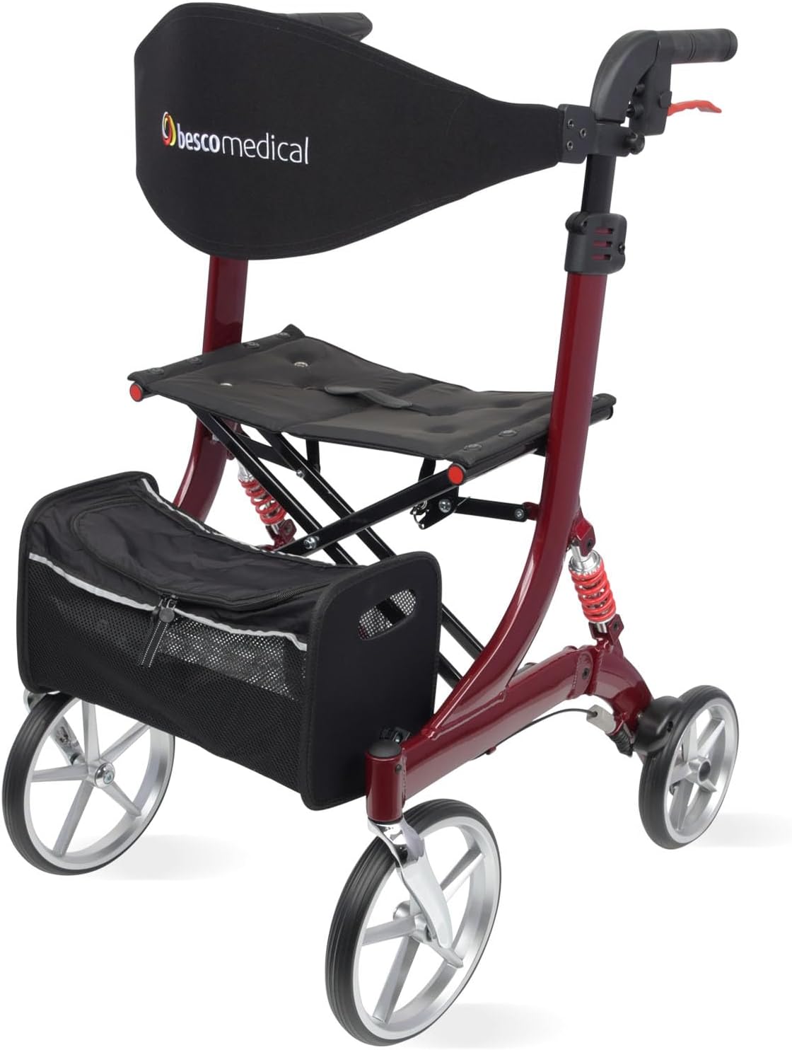 Lightweight Rollator Spring - Walking Aid with Comfort Suspension - Height Adjustable & Foldable - Includes Mesh Pocket & Back Strap - Comfortable Seat - Foldable - Model M Bordeaux Red