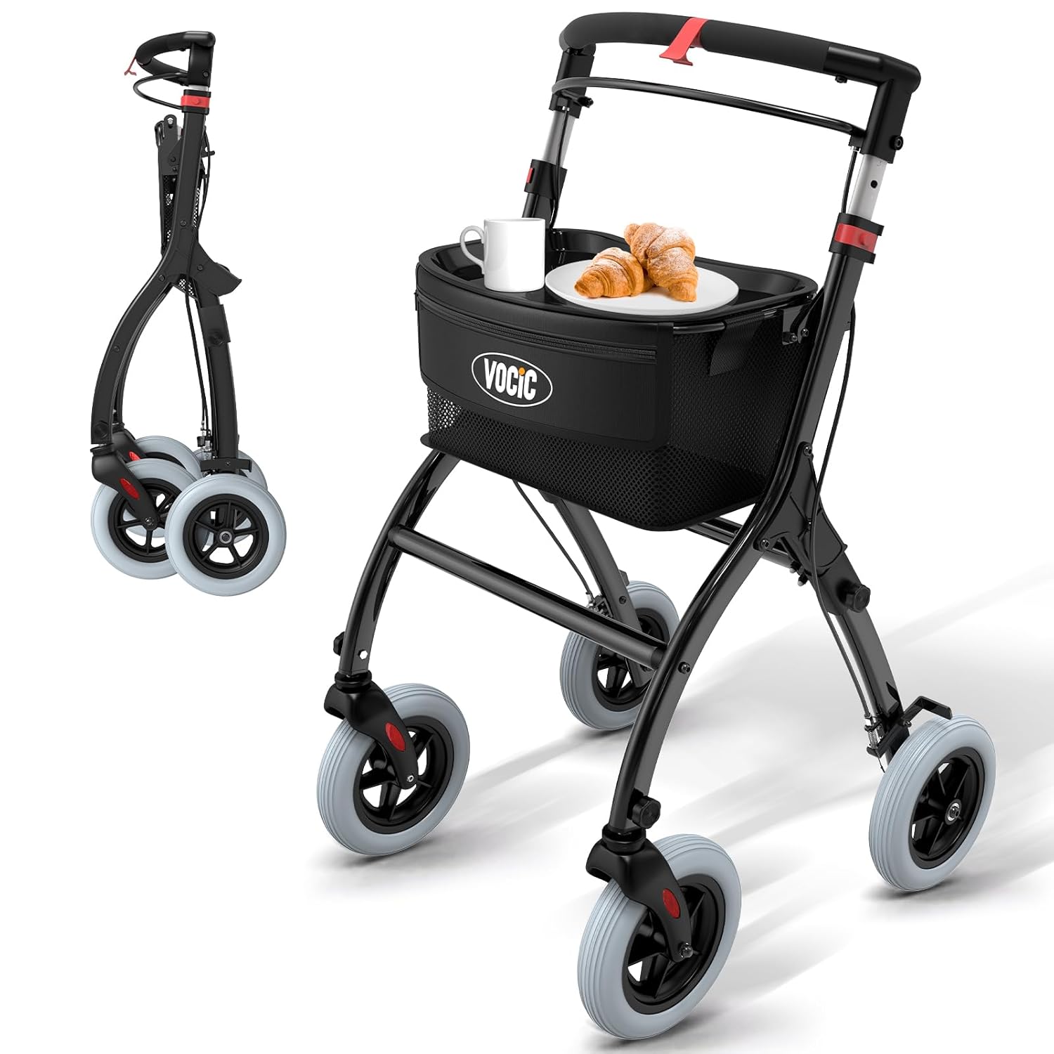 VOCIC Z32 Slim Rollator for Home, Indoor Walker, Foldable and Lightweight, Sturdy Home Rollator with Super Quiet Non-Slip Tires, Walkers for Seniors, Folding Tray, Black