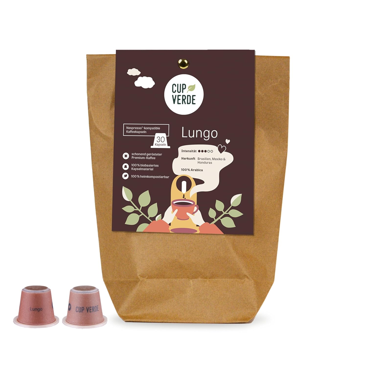 CUP VERDE 30 Lungo Coffee Capsules Compatible with Nespresso*/ Finely Aromatic / Sustainable - Climate Neutral - Fair Trade - Gently Roasted