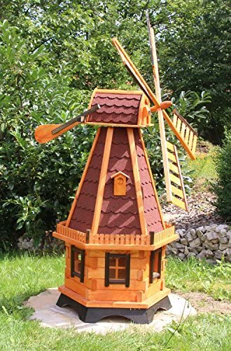 holzdekoladen Large Windmill Wind Mill Wooden Treated Type 23.1 and Solar Light, red