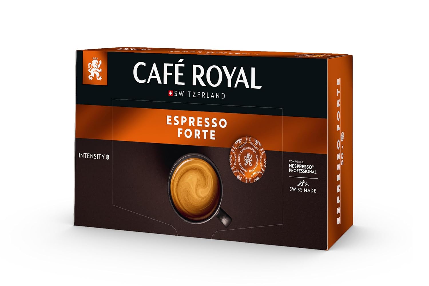 Café Royal Professional Pads, Espresso Forte, 50 Nespresso (R) Professional Compatible Pads for Office and Catering, Rainforest Alliance Certified, 100% Arabica Coffee, Intensity 8