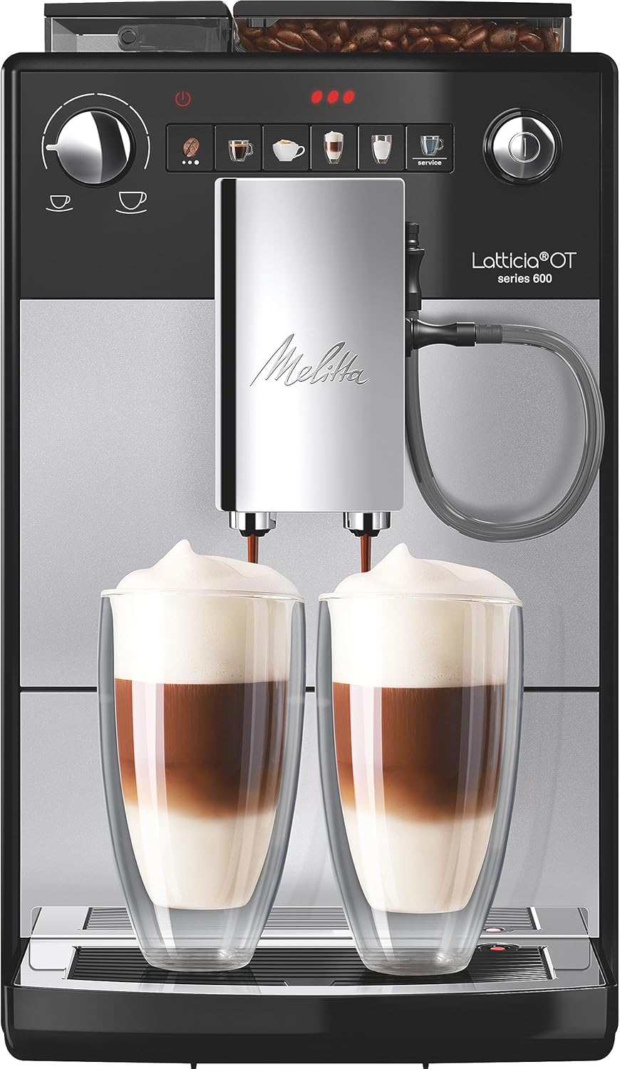 Melitta Latticia OT F300-101 Fully Automatic Coffee Machine with Latteperfection Milk System, Whisper-Quiet Grinder, One Touch Function and XL Water Tank and - Bean Container, 1.5 L, Silver/Black