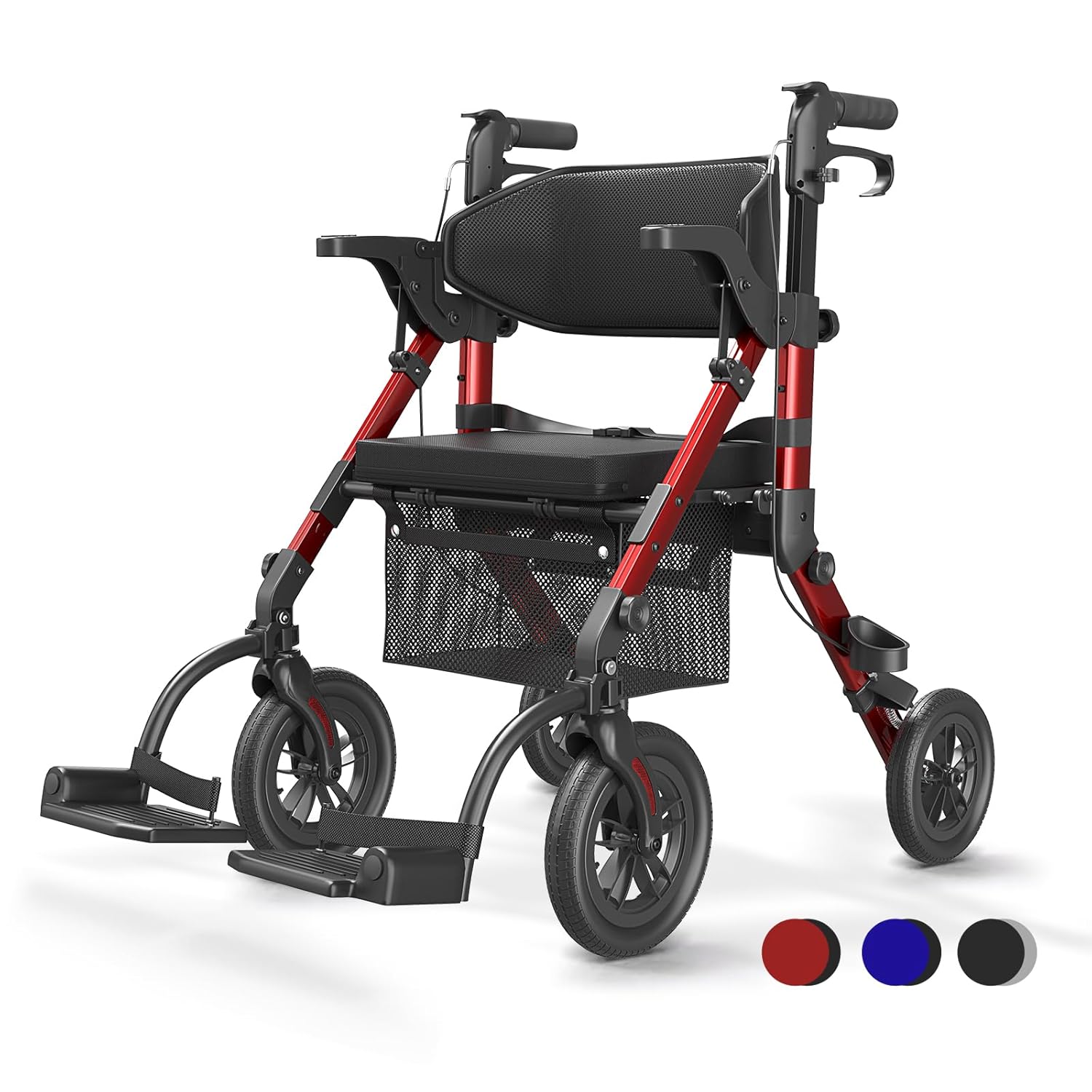 VOCIC 2-in-1 Wheelchair Rollator Foldable and Lightweight with Seat, Outdoor Rubber Tires for All Terrain, Lightweight Rollators with Mesh Pocket, Aluminum Walking Aid, Transport Chair, Red (5 Year Support)