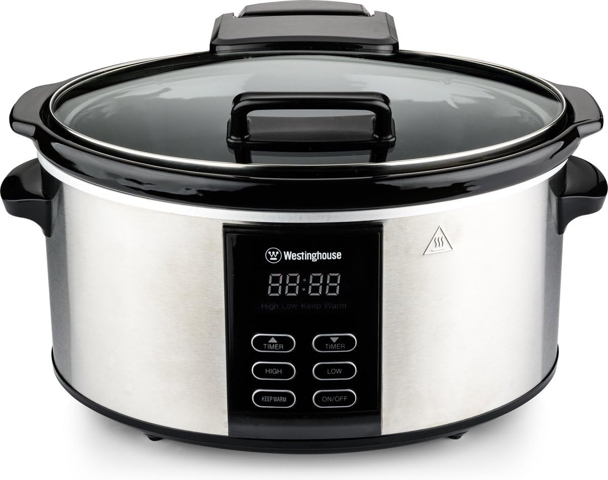 Westinghouse Slow Cooker 6.5 Liter Slow Cooker Stainless Steel Cooking Pot with Warming Function, Cool Touch Handles, Timer and Integrated Ceramic Pot