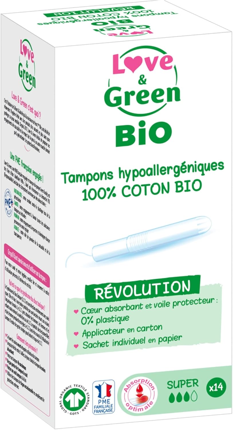 Love & Green Organic Hypoallergenic Tampons with Applicator (Pack of 14)