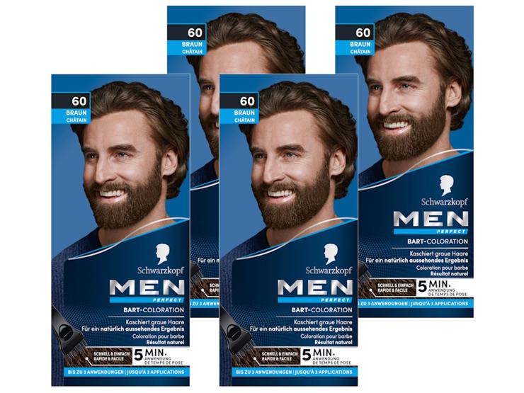 Syoss Schwarzkopf Men Perfect Beard Coloration 60 Natural Brown Level 2 (4 x 30 ml), Beard Dye for Concealing Gray Hair for a Natural-Looking Result, Quick Application