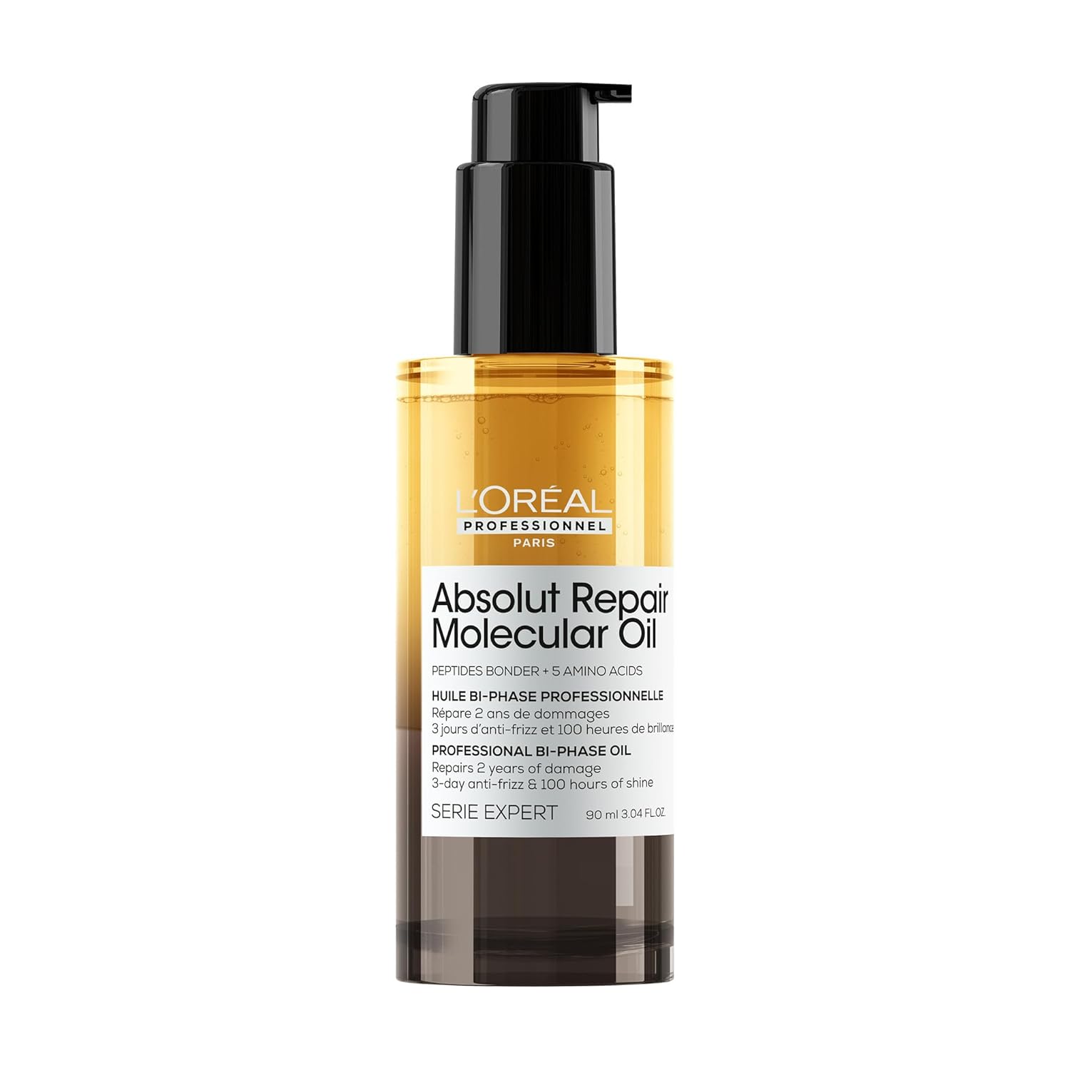 L\'Oréal Professionnel Two-Phase Hair Oil, Repairs Damaged Hair Types, Up to 100 Hours of Shine, 3 Days Frizz Control, Heat Protection up to 230 °C, Series Expert, Absolut Repair Molecular Bi-Phase Oil
