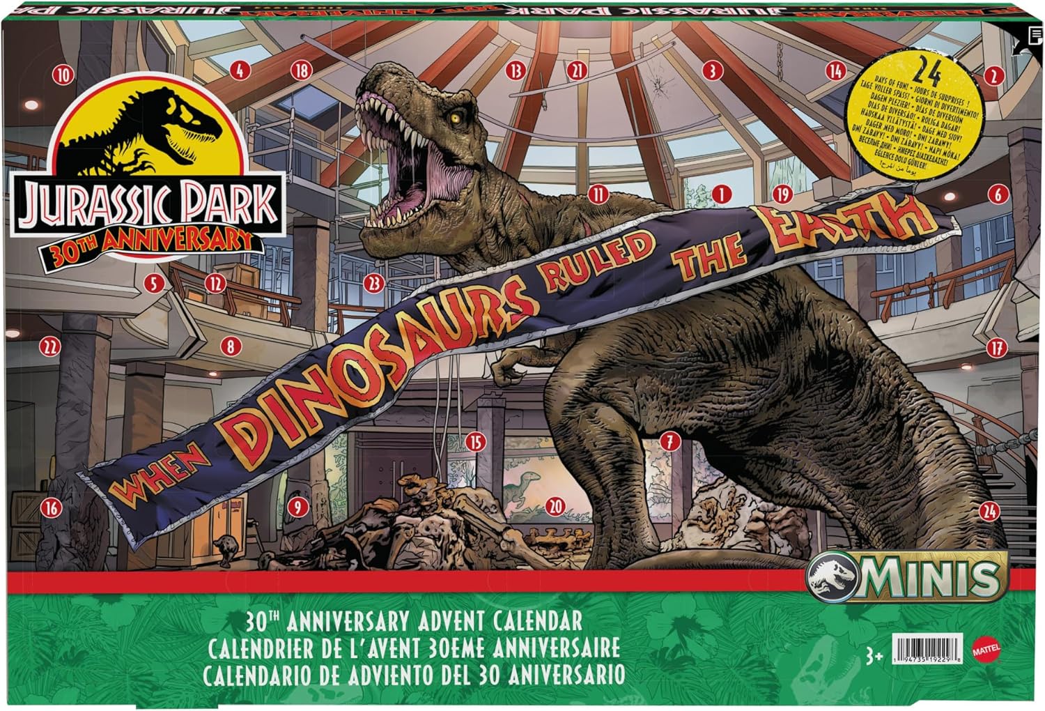 Mattel Jurassic World HTK45 30th Anniversary Advent Calendar - 24 Doors with Mini Dinosaurs, Human Figures and Parts for an Exciting Play Area for Children from 4 Years